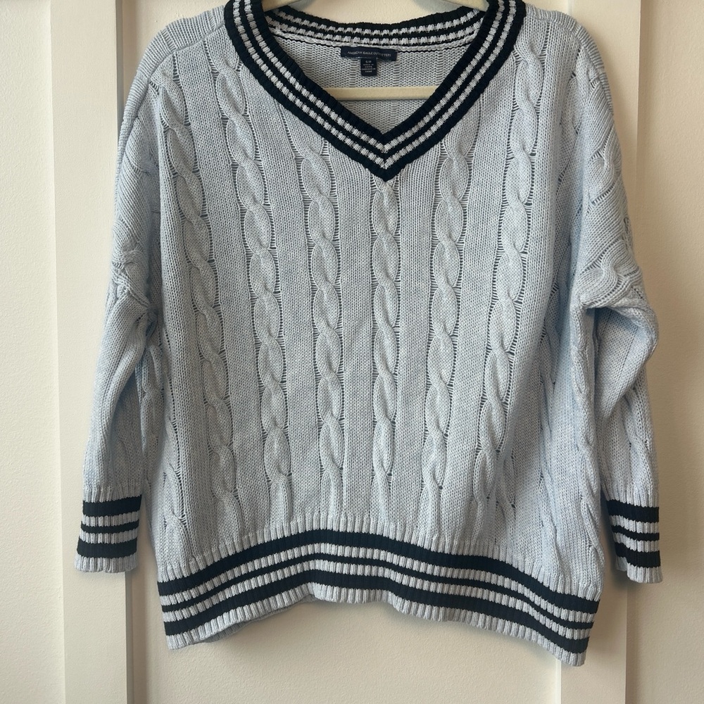 American Eagle Outfitters Light Blue V-Neck Cable Knit Sweater